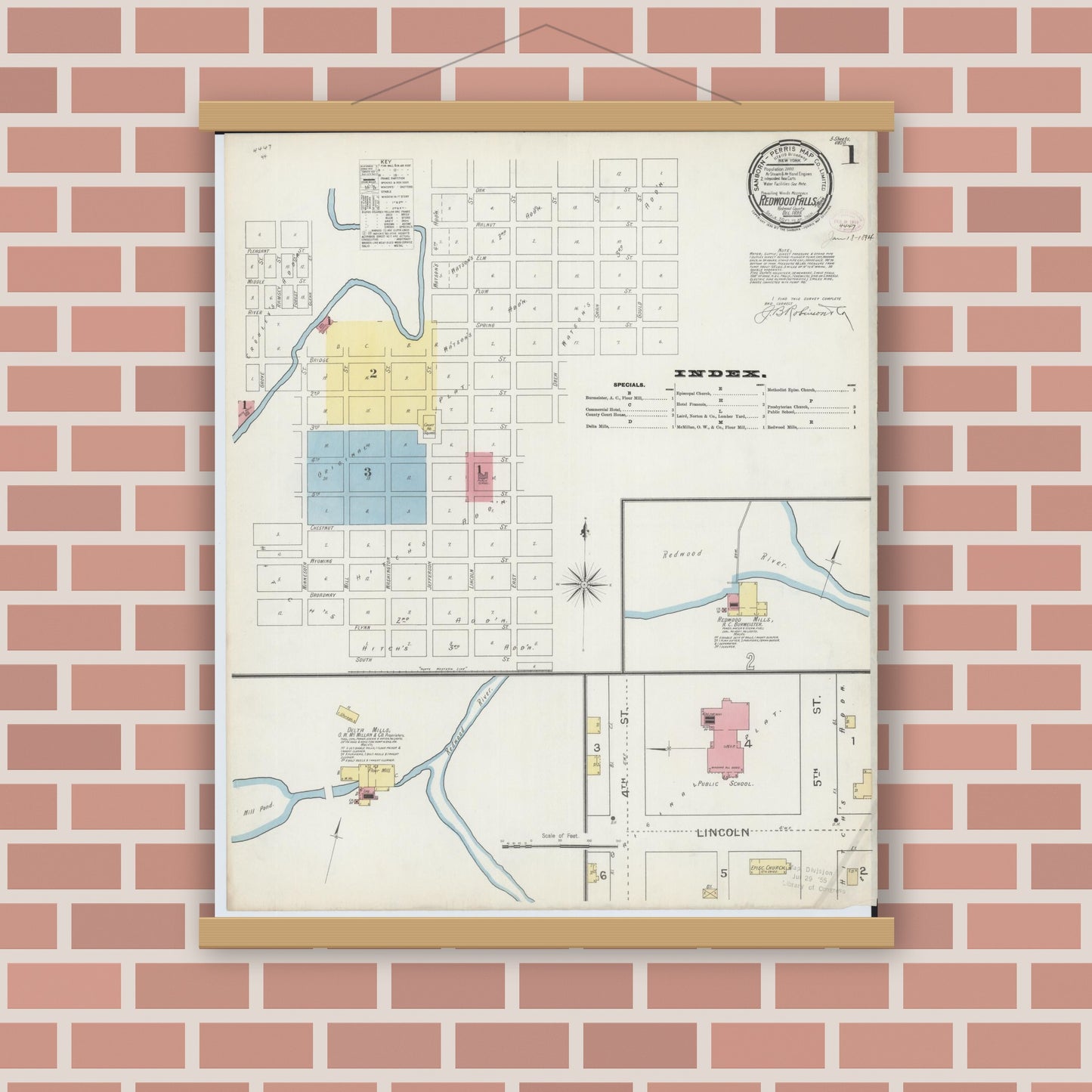 Old map wall art mockup — magnetic wood frame on brick wall — Sanborn Fire Insurance Map from Redwood Falls, Redwood County, Minnesota (1893) - Complete Map Set