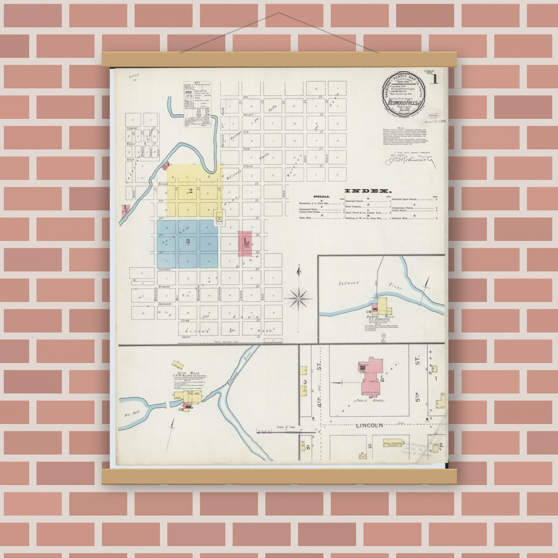 Old map wall art mockup — magnetic wood frame on brick wall — Sanborn Fire Insurance Map from Redwood Falls, Redwood County, Minnesota (1893) - Complete Map Set