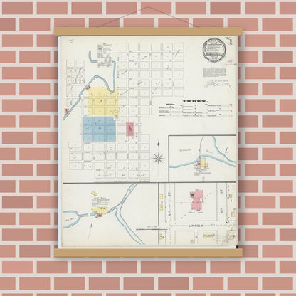 Old map wall art mockup — magnetic wood frame on brick wall — Sanborn Fire Insurance Map from Redwood Falls, Redwood County, Minnesota (1893) - Complete Map Set
