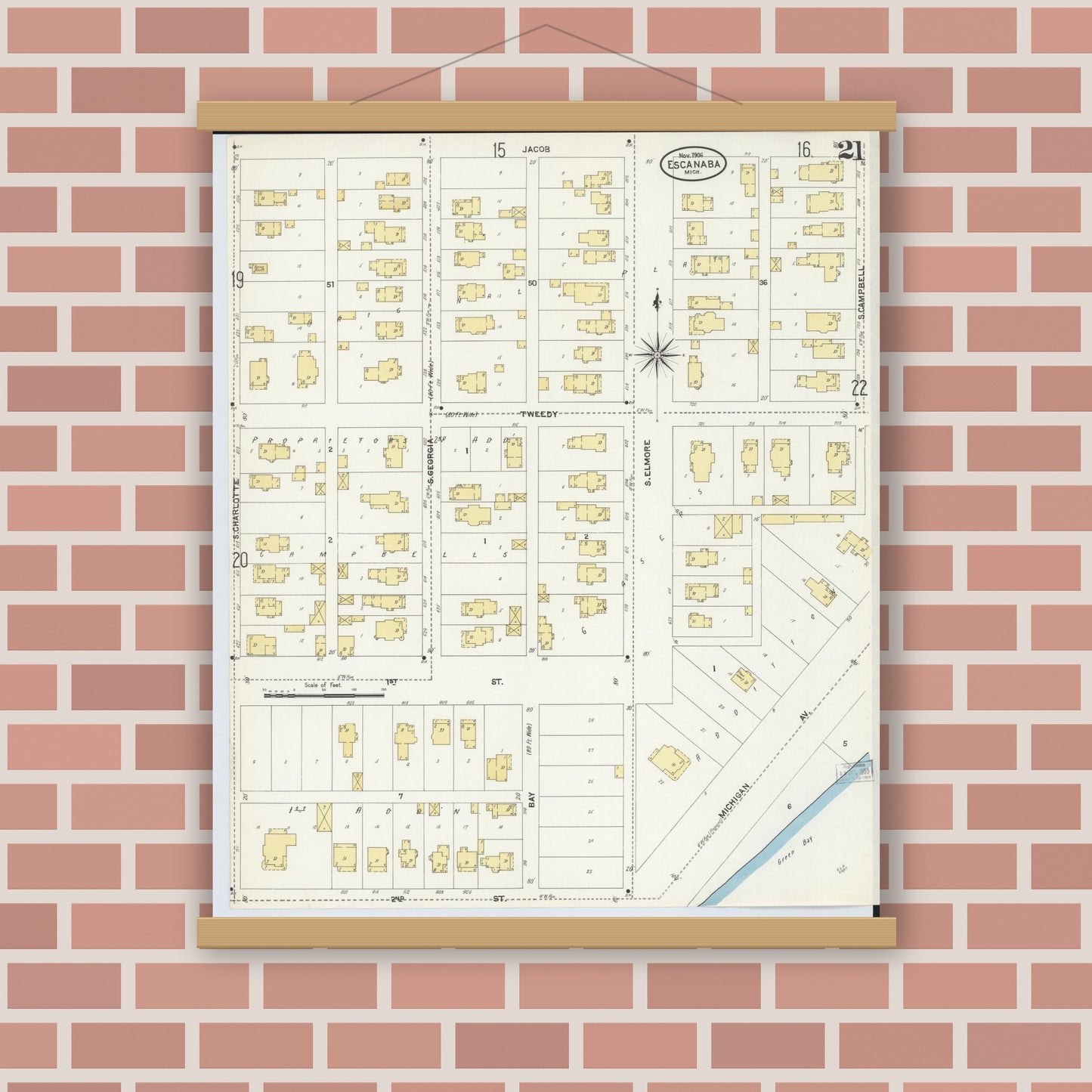 Old map wall art mockup — magnetic wood frame on brick wall — Sanborn Fire Insurance Map from Escanaba, Delta County, Michigan (1906), Sheet #0021