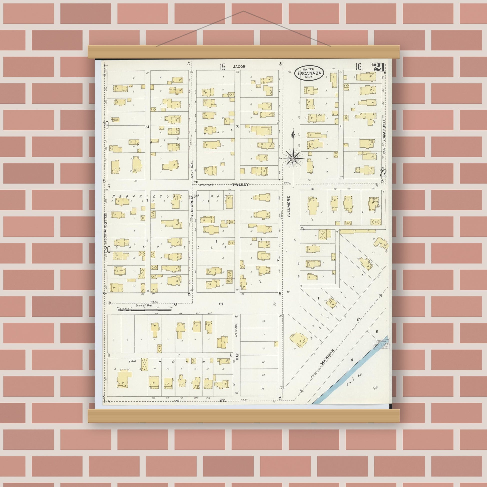 Old map wall art mockup — magnetic wood frame on brick wall — Sanborn Fire Insurance Map from Escanaba, Delta County, Michigan (1906), Sheet #0021