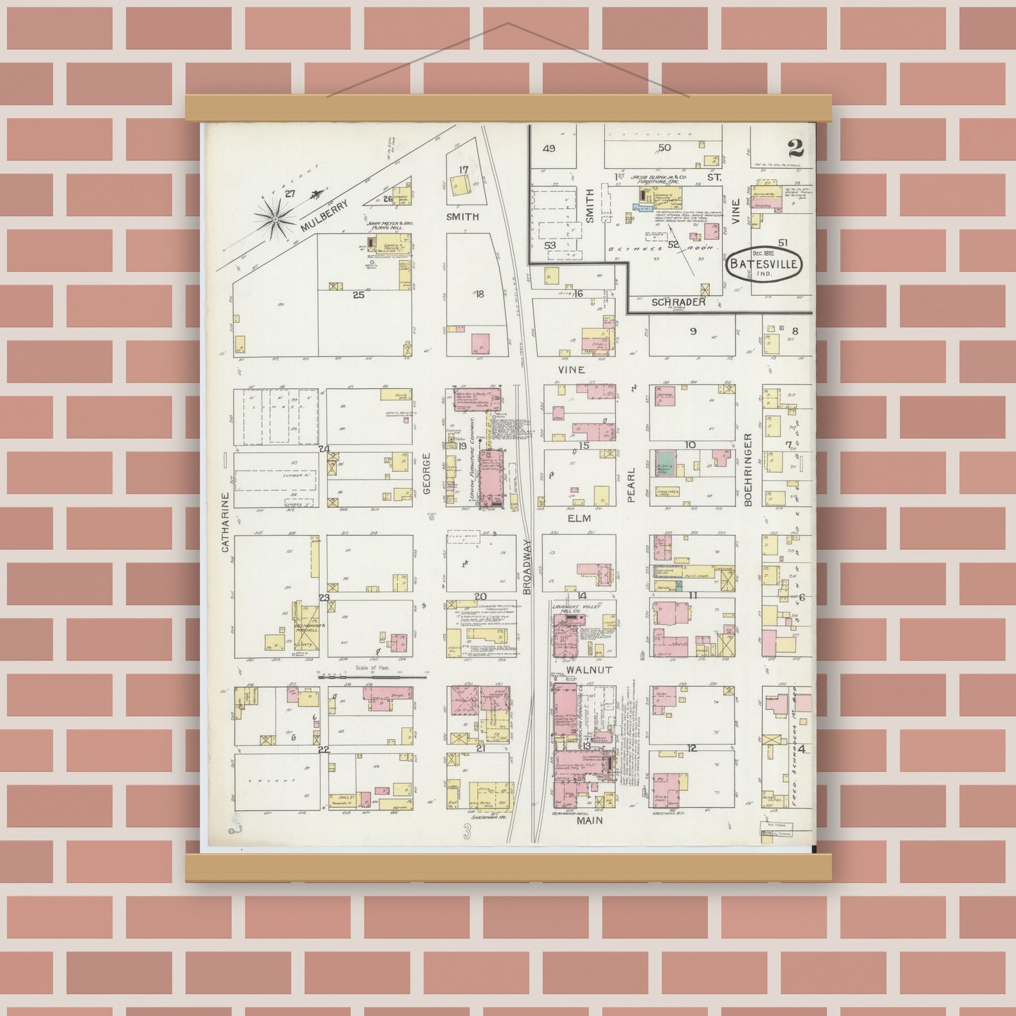 Old map wall art mockup — magnetic wood frame on brick wall — Sanborn Fire Insurance Map from Batesville, Ripley County, Indiana (1892), Sheet #0002