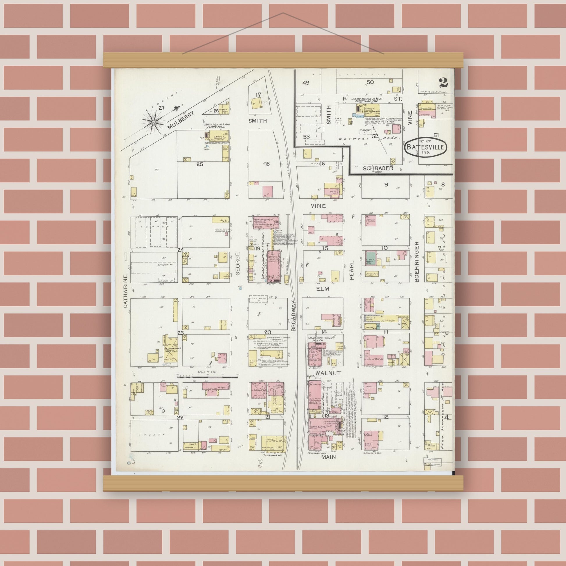 Old map wall art mockup — magnetic wood frame on brick wall — Sanborn Fire Insurance Map from Batesville, Ripley County, Indiana (1892), Sheet #0002