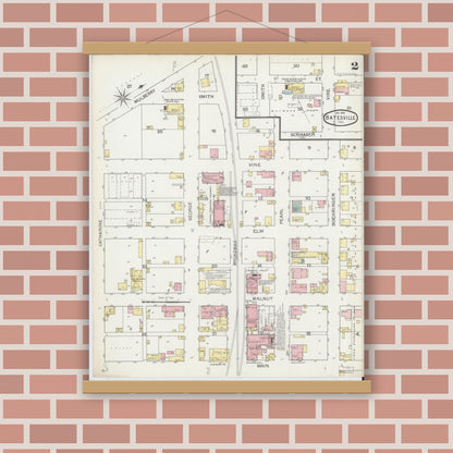 Old map wall art mockup — magnetic wood frame on brick wall — Sanborn Fire Insurance Map from Batesville, Ripley County, Indiana (1892), Sheet #0002
