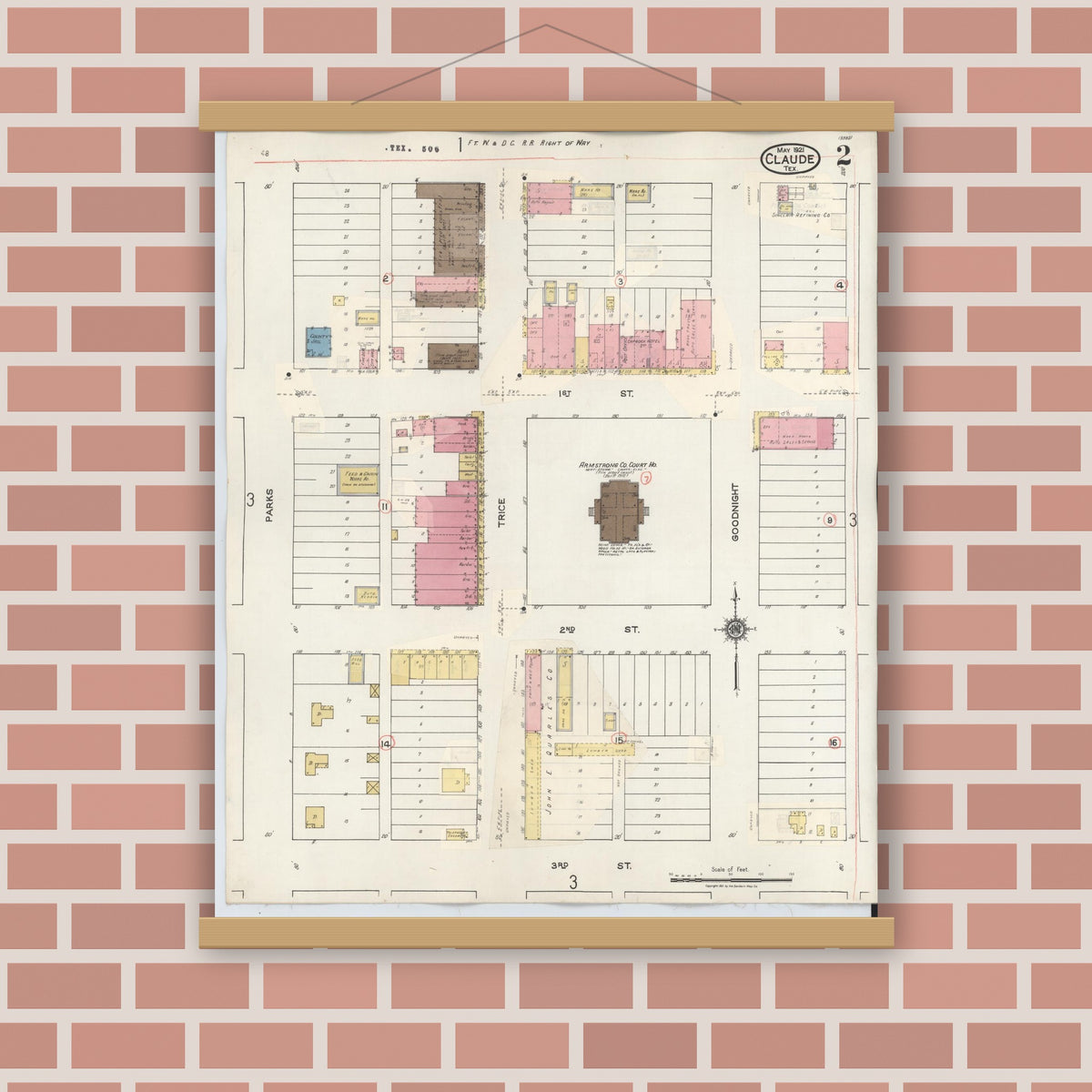 Old map wall art mockup — magnetic wood frame on brick wall — Sanborn Fire Insurance Map from Claude, Armstrong County, Texas (1932), Sheet #0002