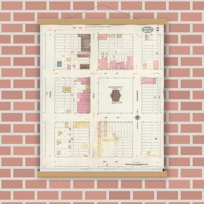 Old map wall art mockup — magnetic wood frame on brick wall — Sanborn Fire Insurance Map from Claude, Armstrong County, Texas (1932), Sheet #0002