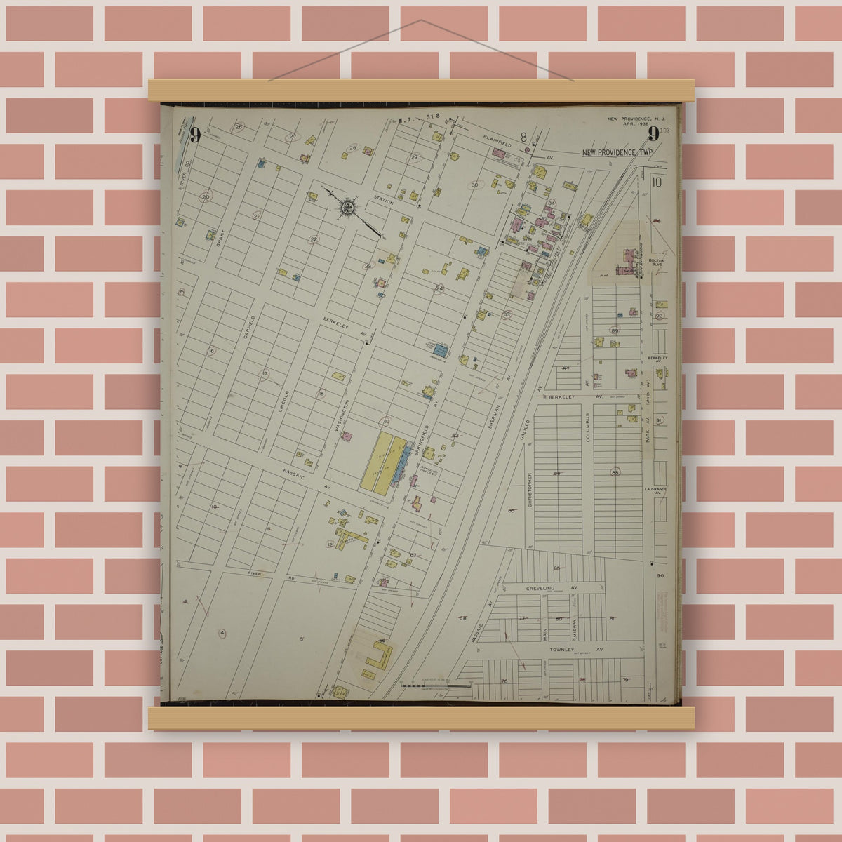 Old map wall art mockup — magnetic wood frame on brick wall — Sanborn Fire Insurance Map from New Providence, Union County, New Jersey (1944), Sheet #0009