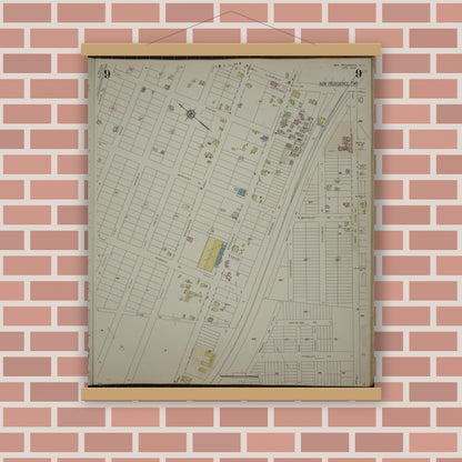 Old map wall art mockup — magnetic wood frame on brick wall — Sanborn Fire Insurance Map from New Providence, Union County, New Jersey (1944), Sheet #0009