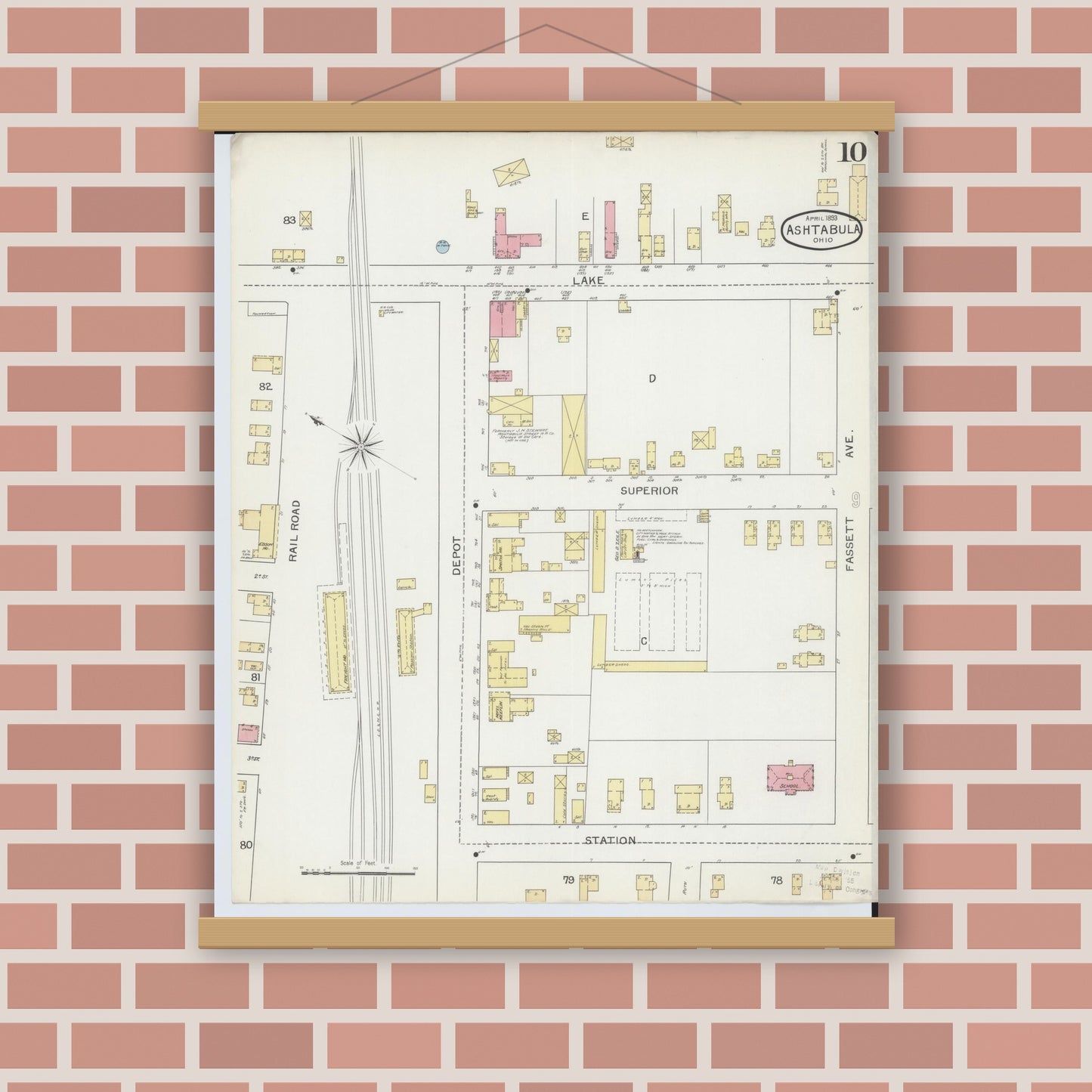 Old map wall art mockup — magnetic wood frame on brick wall — Sanborn Fire Insurance Map from Ashtabula, Ashtabula County, Ohio (1893), Sheet #0010