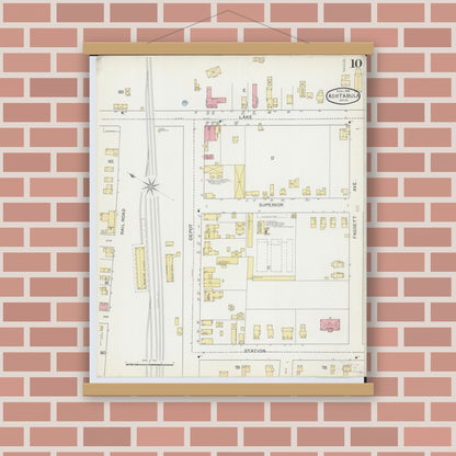 Old map wall art mockup — magnetic wood frame on brick wall — Sanborn Fire Insurance Map from Ashtabula, Ashtabula County, Ohio (1893), Sheet #0010