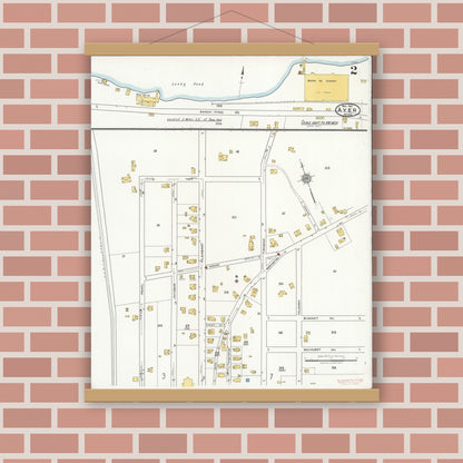 Old map wall art mockup — magnetic wood frame on brick wall — Sanborn Fire Insurance Map from Ayer, Middlesex County, Massachusetts (1921), Sheet #0002