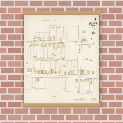 Old map wall art mockup — magnetic wood frame on brick wall — Sanborn Fire Insurance Map from Bellefonte, Centre County, Pennsylvania (1922), Sheet #0011
