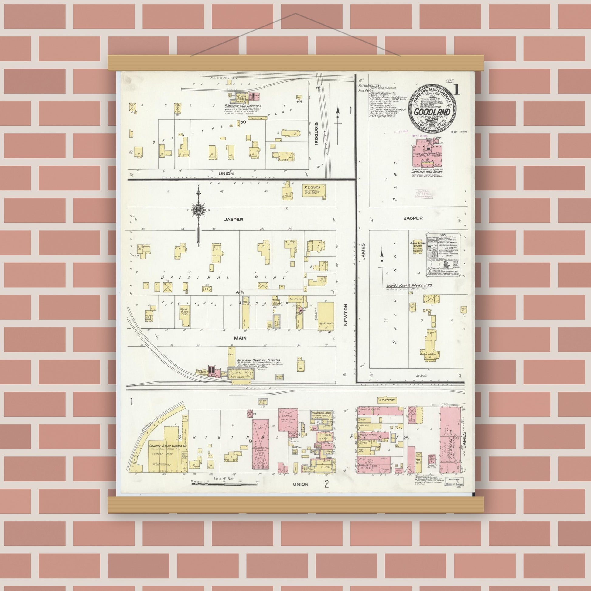 Old map wall art mockup — magnetic wood frame on brick wall — Sanborn Fire Insurance Map from Goodland, Newton County, Indiana (1910) - Complete Map Set