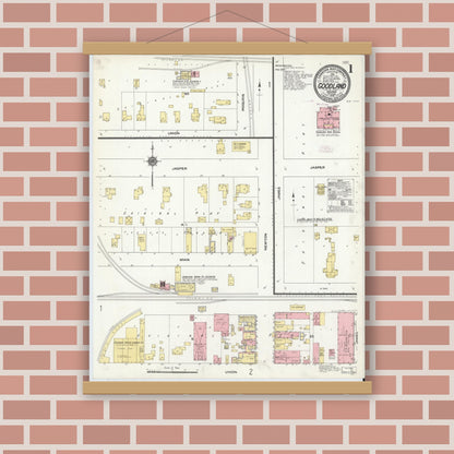 Old map wall art mockup — magnetic wood frame on brick wall — Sanborn Fire Insurance Map from Goodland, Newton County, Indiana (1910) - Complete Map Set