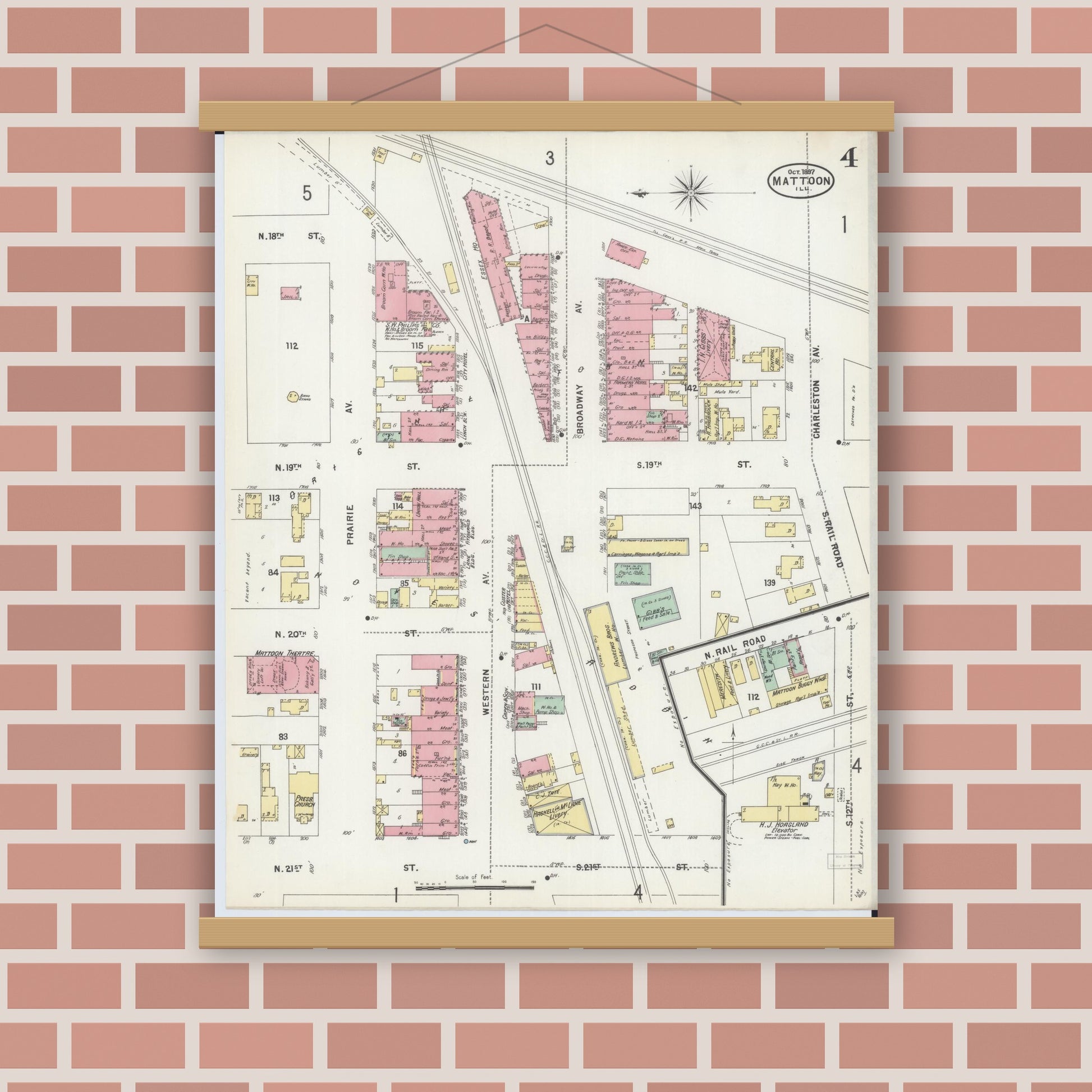 Old map wall art mockup — magnetic wood frame on brick wall — Sanborn Fire Insurance Map from Mattoon, Coles County, Illinois (1897), Sheet #0004