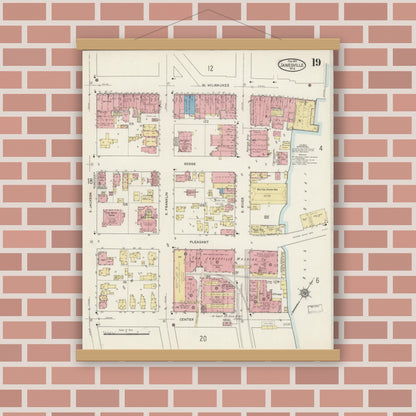 Old map wall art mockup — magnetic wood frame on brick wall — Sanborn Fire Insurance Map from Janesville, Rock County, Wisconsin (1915), Sheet #0019