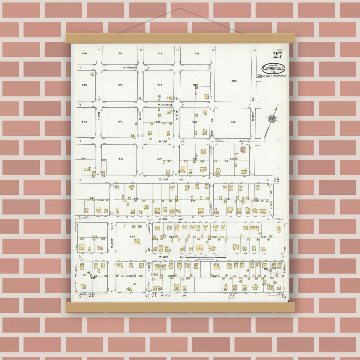 Old map wall art mockup — magnetic wood frame on brick wall — Sanborn Fire Insurance Map from Corsicana, Navarro County, Texas (1921), Sheet #0027