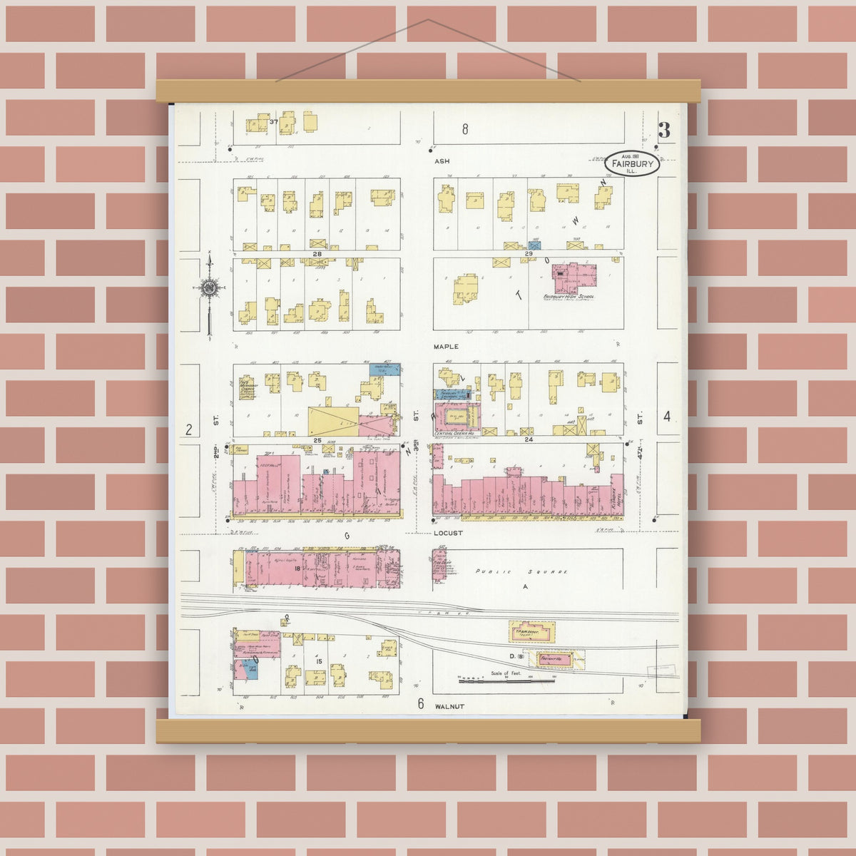 Old map wall art mockup — magnetic wood frame on brick wall — Sanborn Fire Insurance Map from Fairbury, Livingston County, Illinois (1911), Sheet #0003