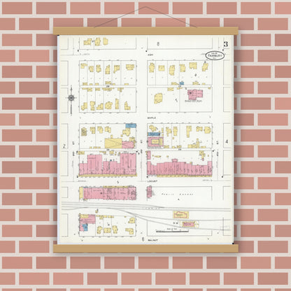 Old map wall art mockup — magnetic wood frame on brick wall — Sanborn Fire Insurance Map from Fairbury, Livingston County, Illinois (1911), Sheet #0003