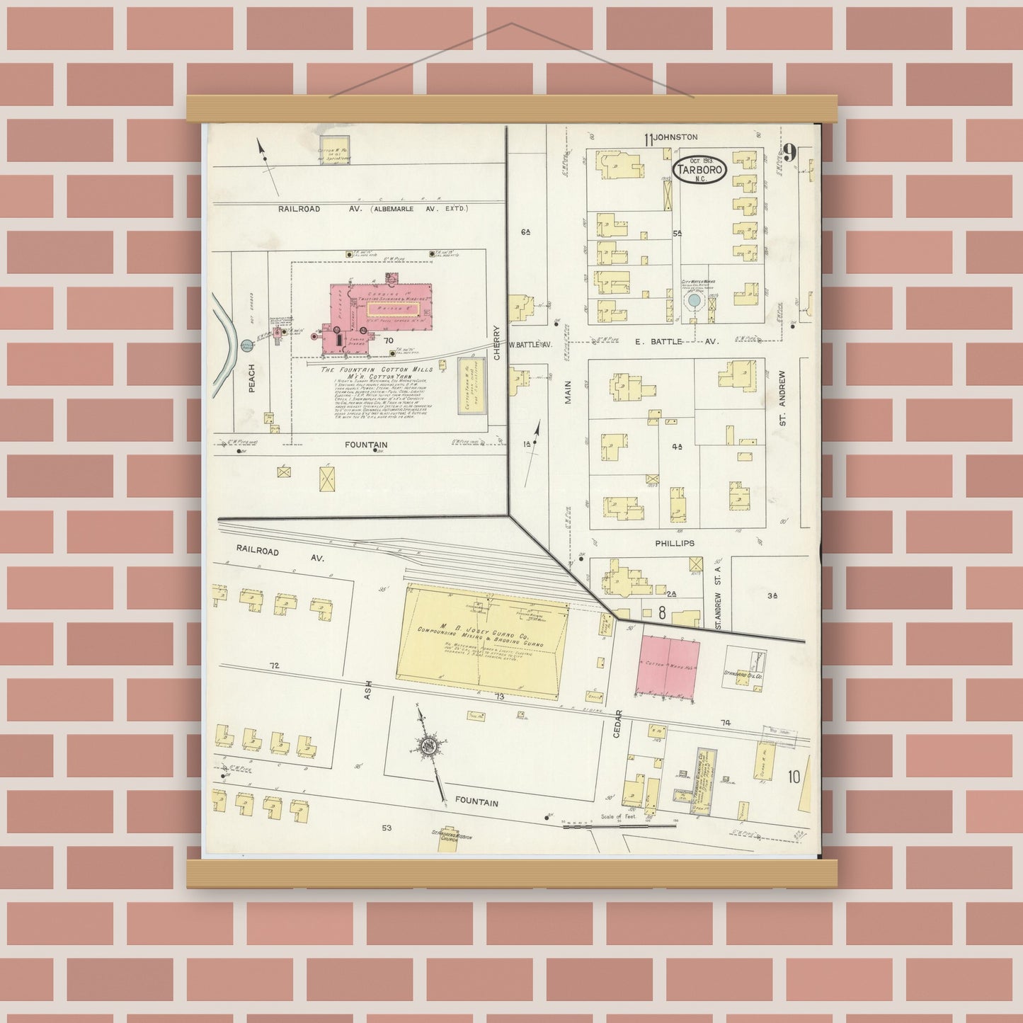 Old map wall art mockup — magnetic wood frame on brick wall — Sanborn Fire Insurance Map from Tarboro, Edgecombe County, North Carolina (1913), Sheet #0009