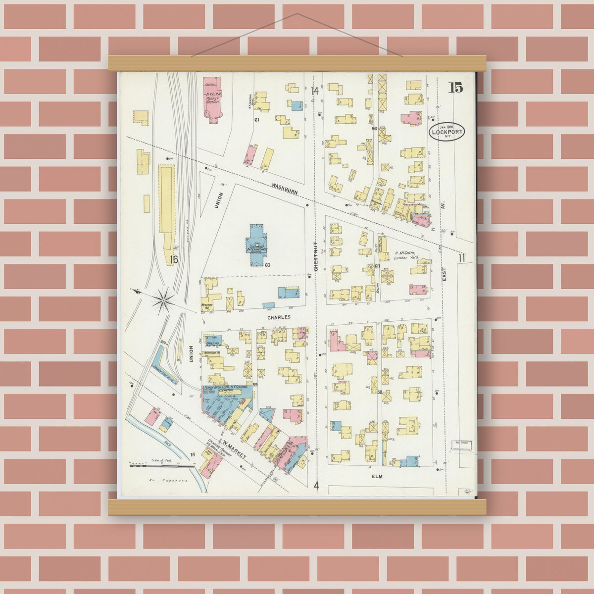 Old map wall art mockup — magnetic wood frame on brick wall — Sanborn Fire Insurance Map from Lockport, Niagara County, New York (1898), Sheet #0015