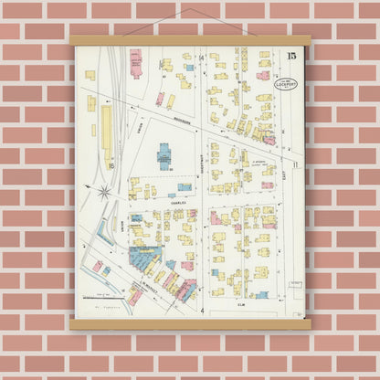 Old map wall art mockup — magnetic wood frame on brick wall — Sanborn Fire Insurance Map from Lockport, Niagara County, New York (1898), Sheet #0015