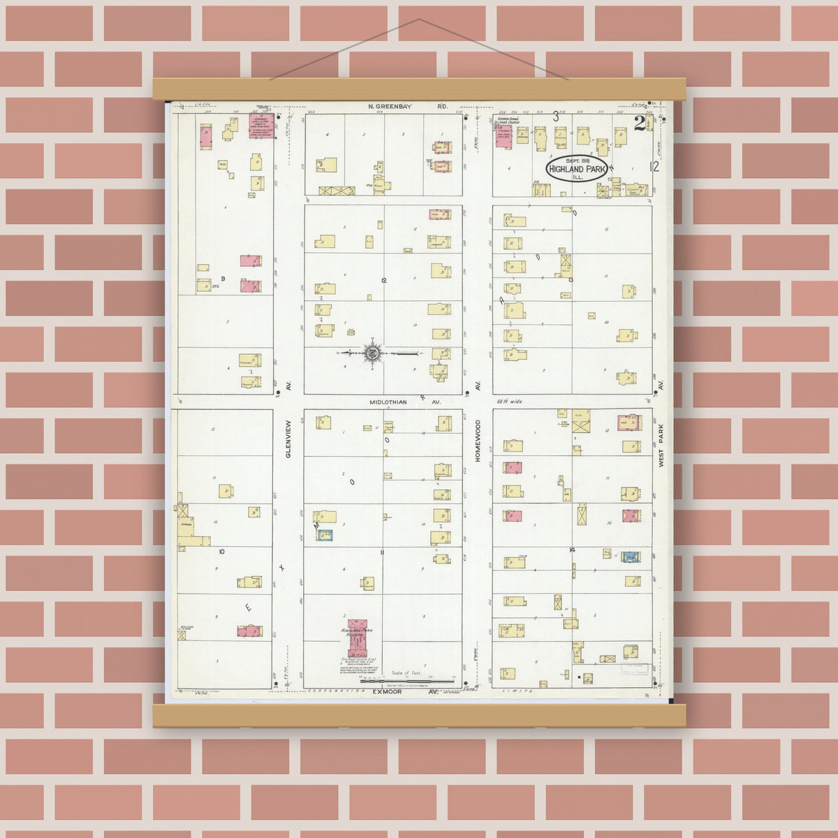 Old map wall art mockup — magnetic wood frame on brick wall — Sanborn Fire Insurance Map from Highland Park, Lake County, Illinois (1918), Sheet #0002
