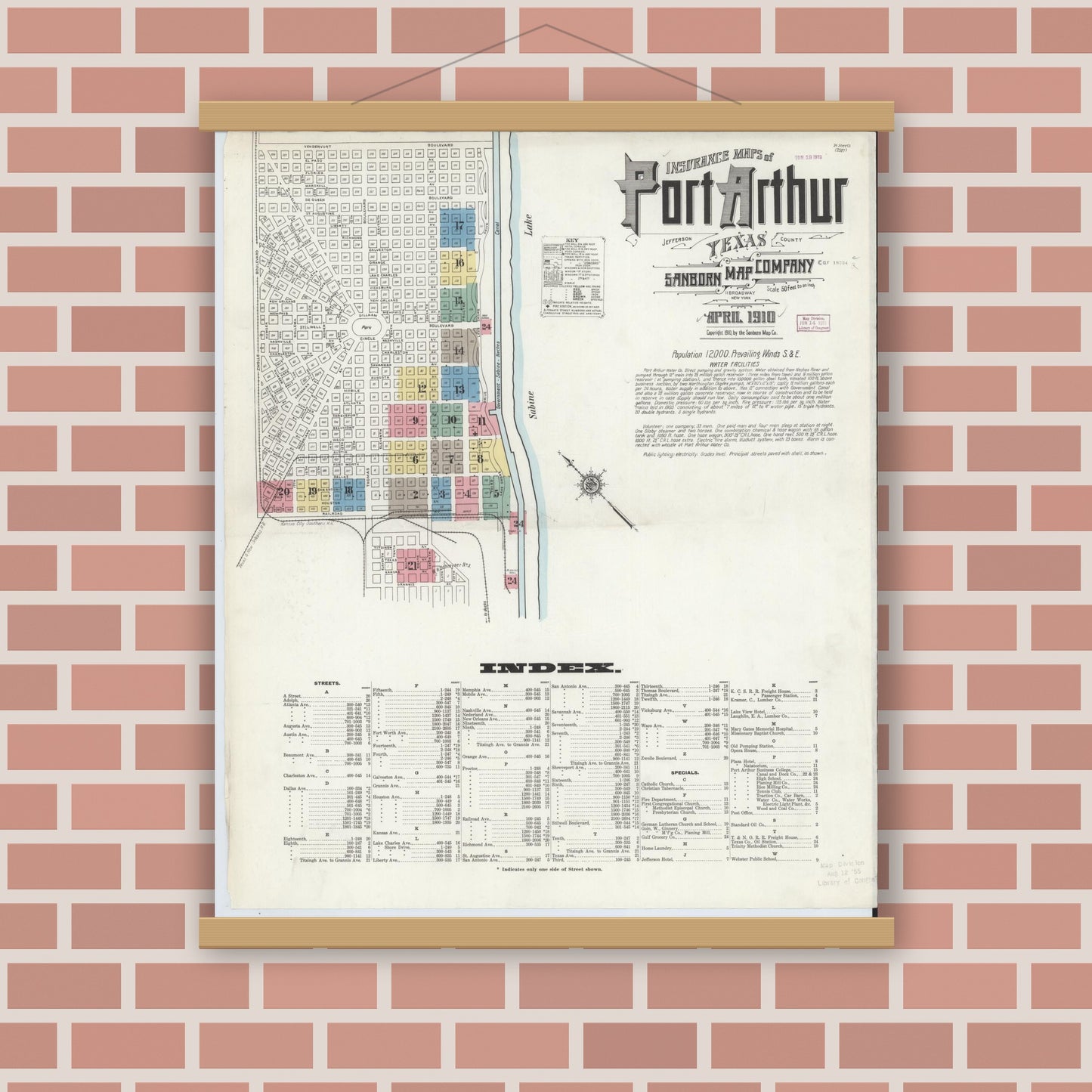Old map wall art mockup — magnetic wood frame on brick wall — Sanborn Fire Insurance Map from Port Arthur, Jefferson County, Texas (1910) - Complete Map Set