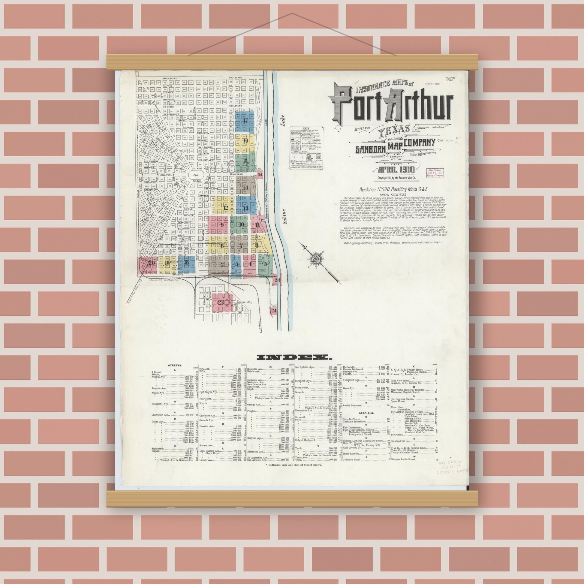 Old map wall art mockup — magnetic wood frame on brick wall — Sanborn Fire Insurance Map from Port Arthur, Jefferson County, Texas (1910) - Complete Map Set