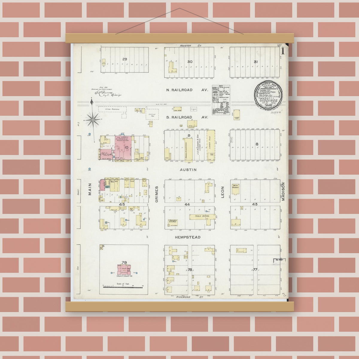 Old map wall art mockup — magnetic wood frame on brick wall — Sanborn Fire Insurance Map from Giddings, Lee County, Texas (1891), Sheet #0001