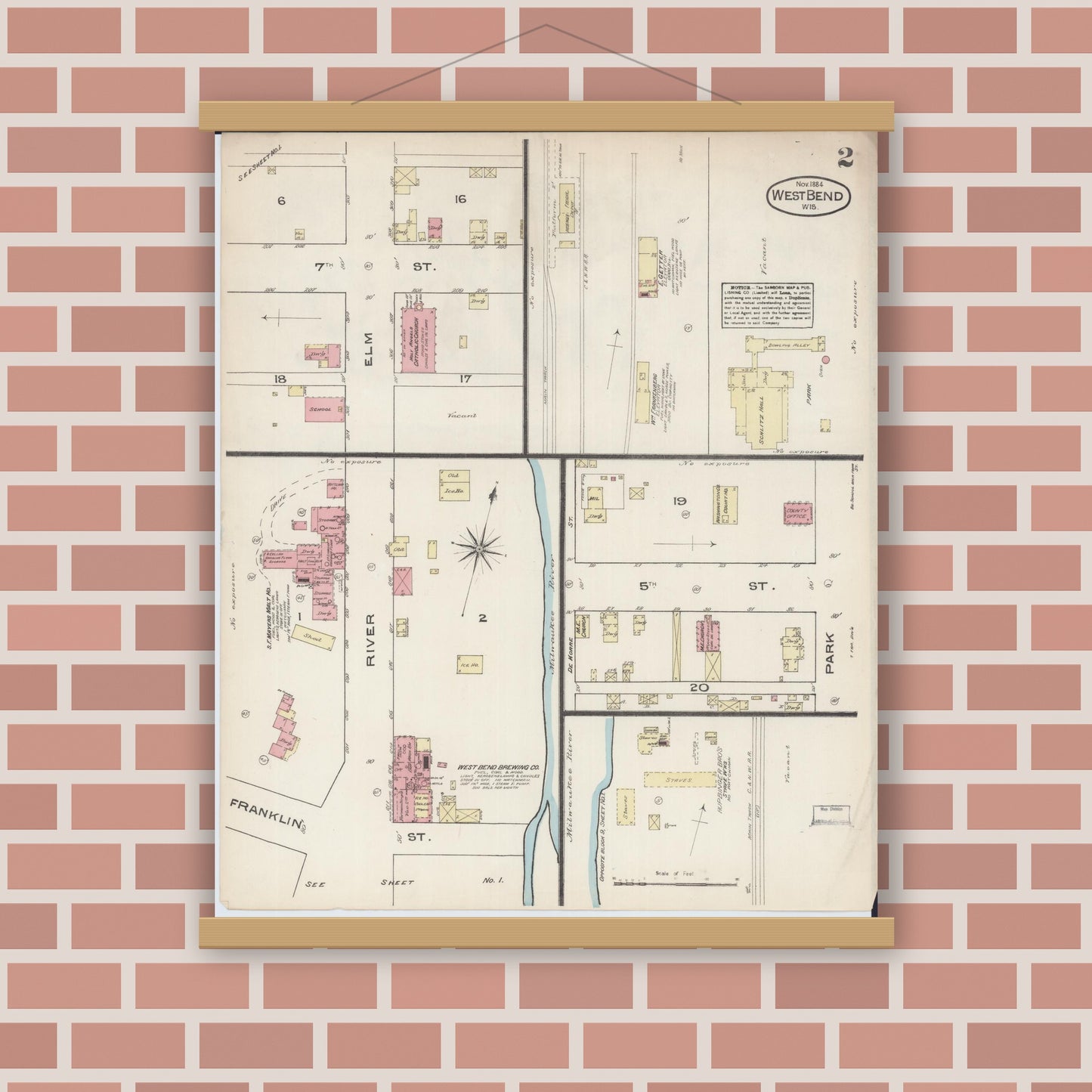Old map wall art mockup — magnetic wood frame on brick wall — Sanborn Fire Insurance Map from West Bend, Washington County, Wisconsin (1884), Sheet #0002