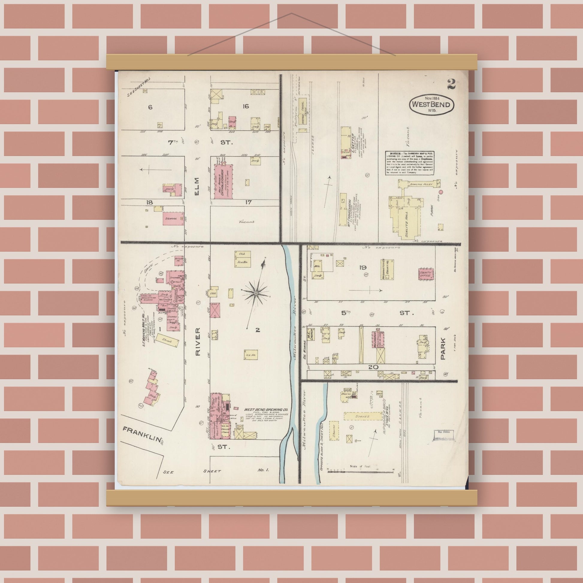 Old map wall art mockup — magnetic wood frame on brick wall — Sanborn Fire Insurance Map from West Bend, Washington County, Wisconsin (1884), Sheet #0002