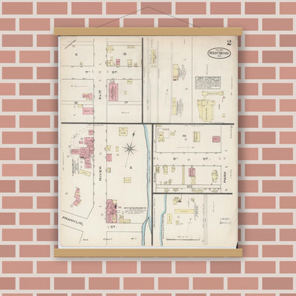 Old map wall art mockup — magnetic wood frame on brick wall — Sanborn Fire Insurance Map from West Bend, Washington County, Wisconsin (1884), Sheet #0002
