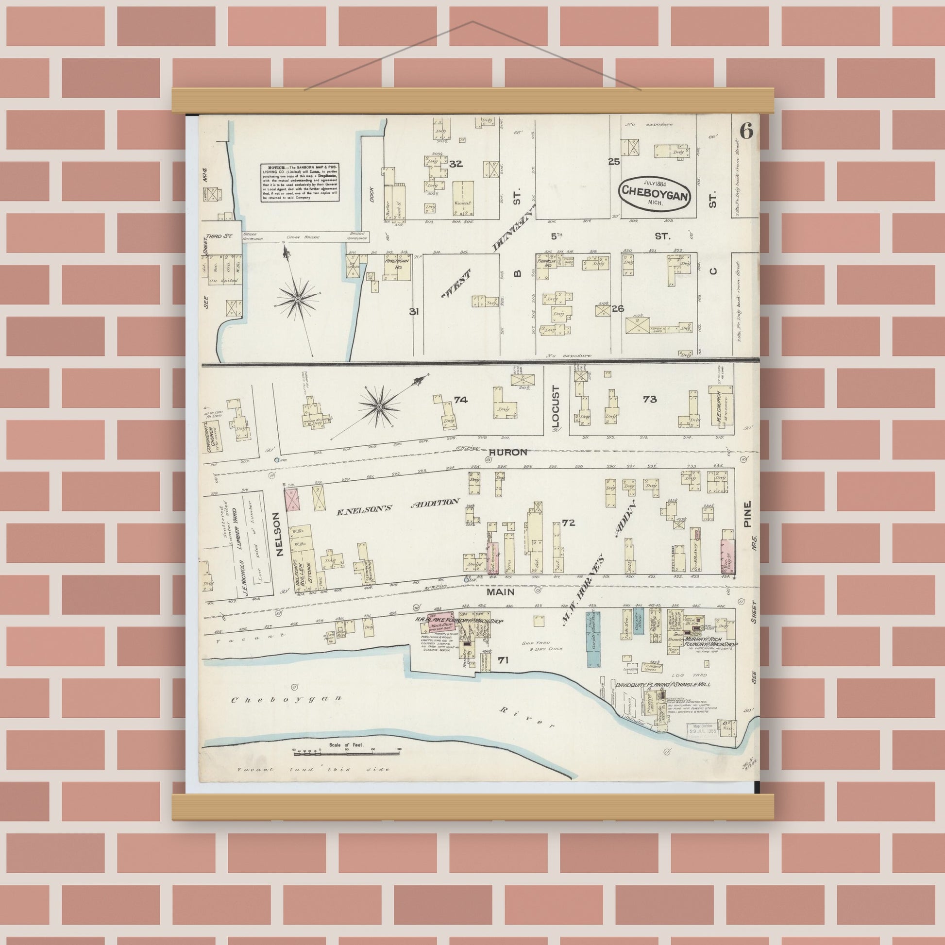 Old map wall art mockup — magnetic wood frame on brick wall — Sanborn Fire Insurance Map from Cheboygan, Cheboygan County, Michigan (1884), Sheet #0006