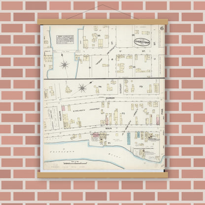 Old map wall art mockup — magnetic wood frame on brick wall — Sanborn Fire Insurance Map from Cheboygan, Cheboygan County, Michigan (1884), Sheet #0006