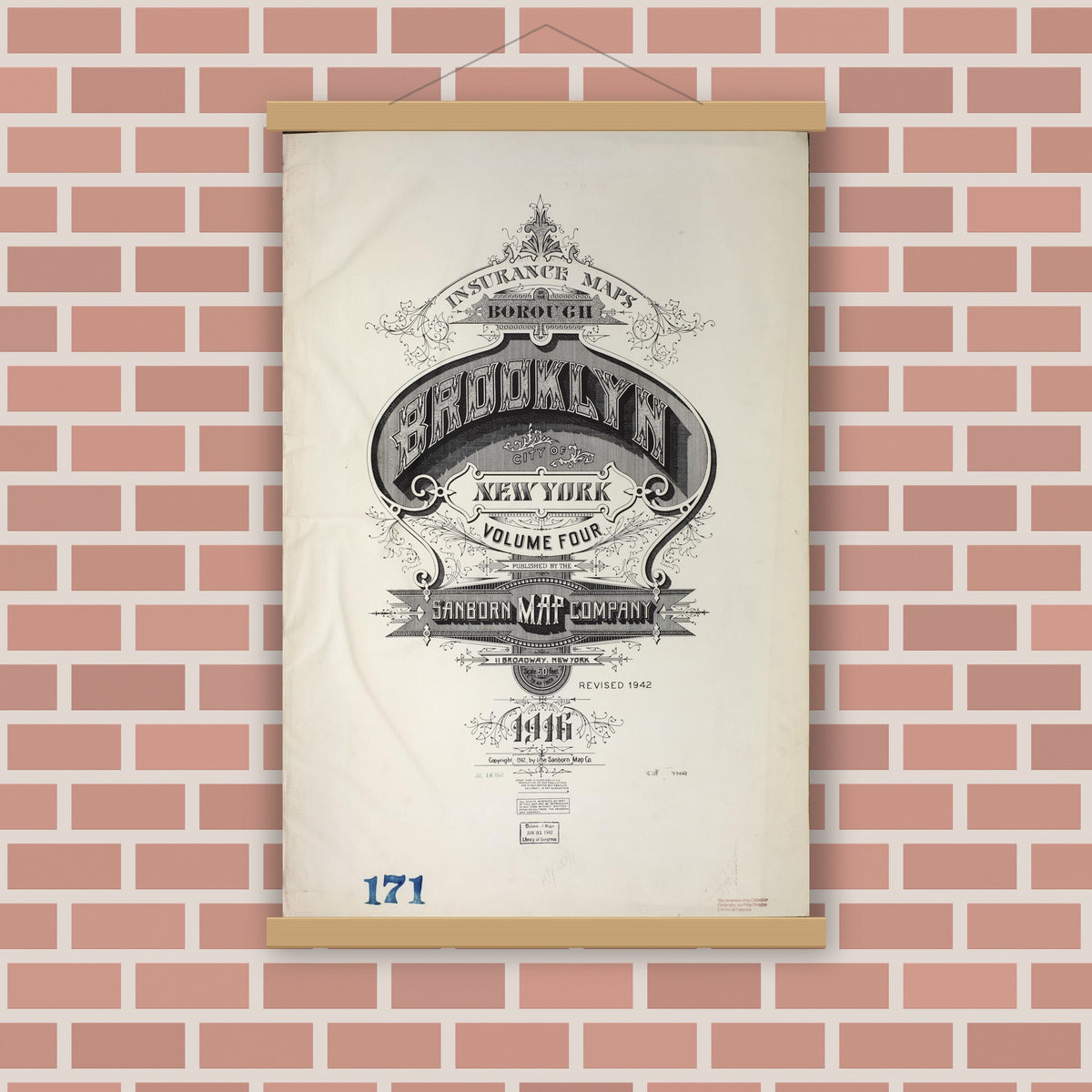 Old map wall art mockup — magnetic wood frame on brick wall — Sanborn Fire Insurance Map from Brooklyn, Kings County, New York (1942), Sheet #0001