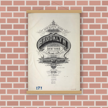 Old map wall art mockup — magnetic wood frame on brick wall — Sanborn Fire Insurance Map from Brooklyn, Kings County, New York (1942), Sheet #0001