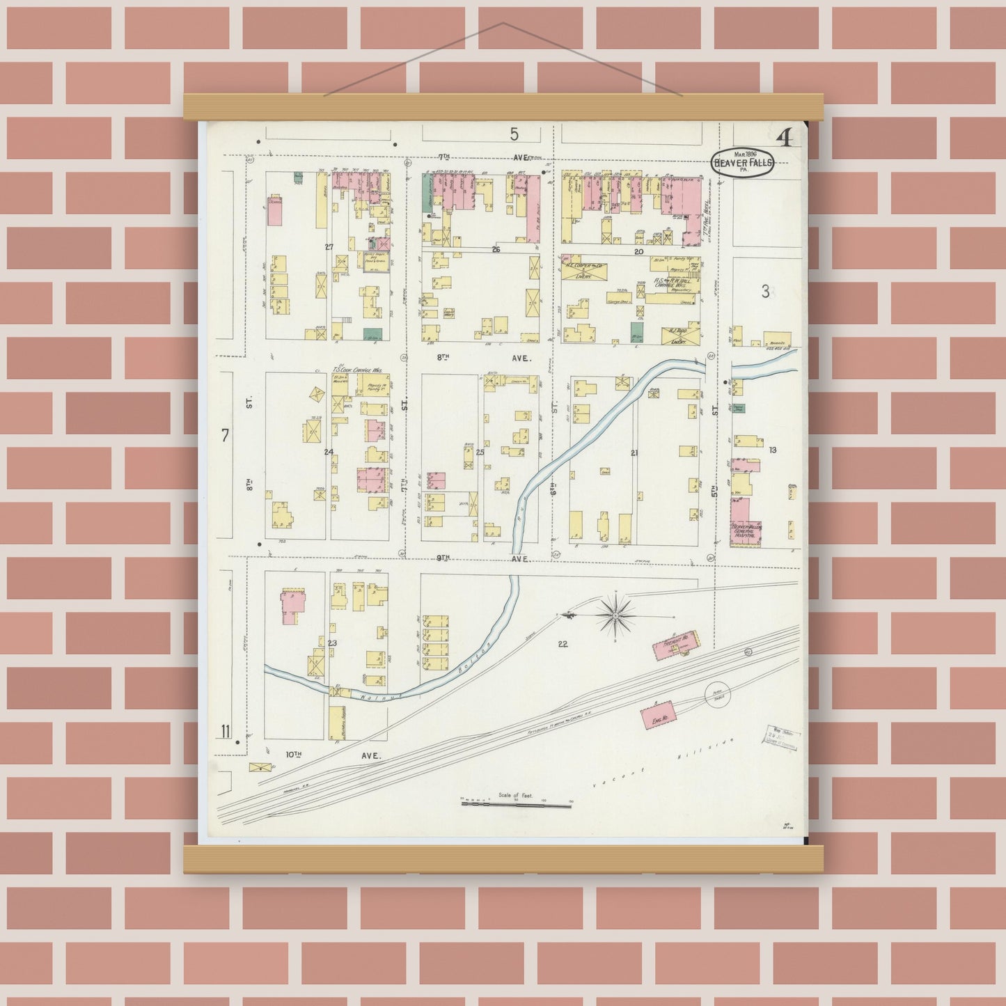 Old map wall art mockup — magnetic wood frame on brick wall — Sanborn Fire Insurance Map from Beaver Falls, Beaver County, Pennsylvania (1896), Sheet #0004