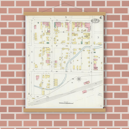 Old map wall art mockup — magnetic wood frame on brick wall — Sanborn Fire Insurance Map from Beaver Falls, Beaver County, Pennsylvania (1896), Sheet #0004