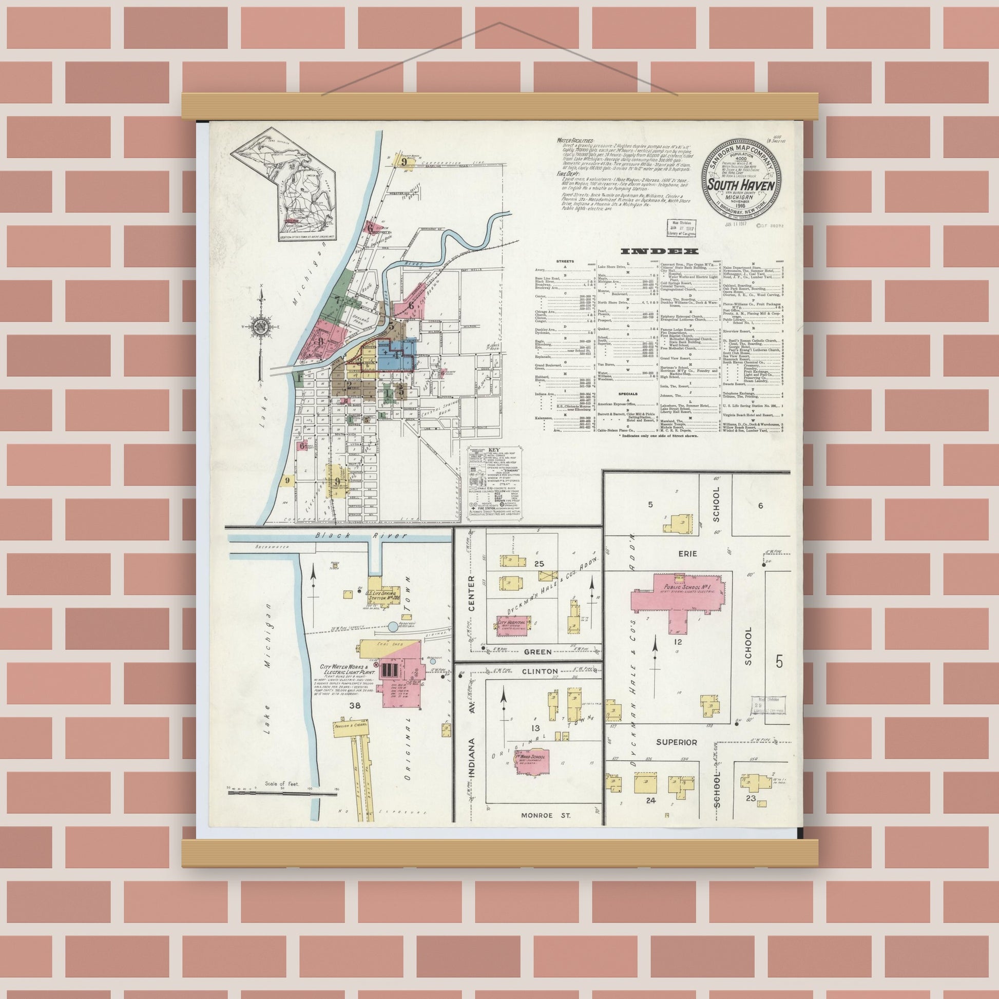 Old map wall art mockup — magnetic wood frame on brick wall — Sanborn Fire Insurance Map from South Haven, Van Buren County, Michigan (1916), Sheet #0001