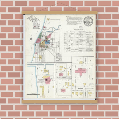 Old map wall art mockup — magnetic wood frame on brick wall — Sanborn Fire Insurance Map from South Haven, Van Buren County, Michigan (1916), Sheet #0001