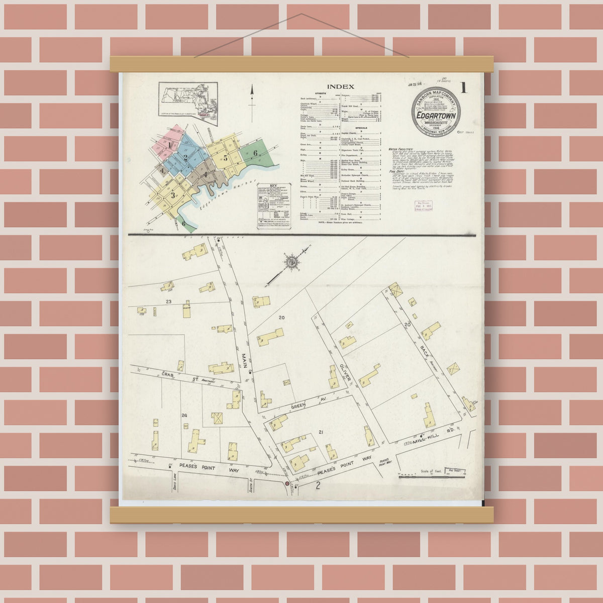 Old map wall art mockup — magnetic wood frame on brick wall — Sanborn Fire Insurance Map from Edgartown, Dukes County, Massachusetts (1914) - Complete Map Set