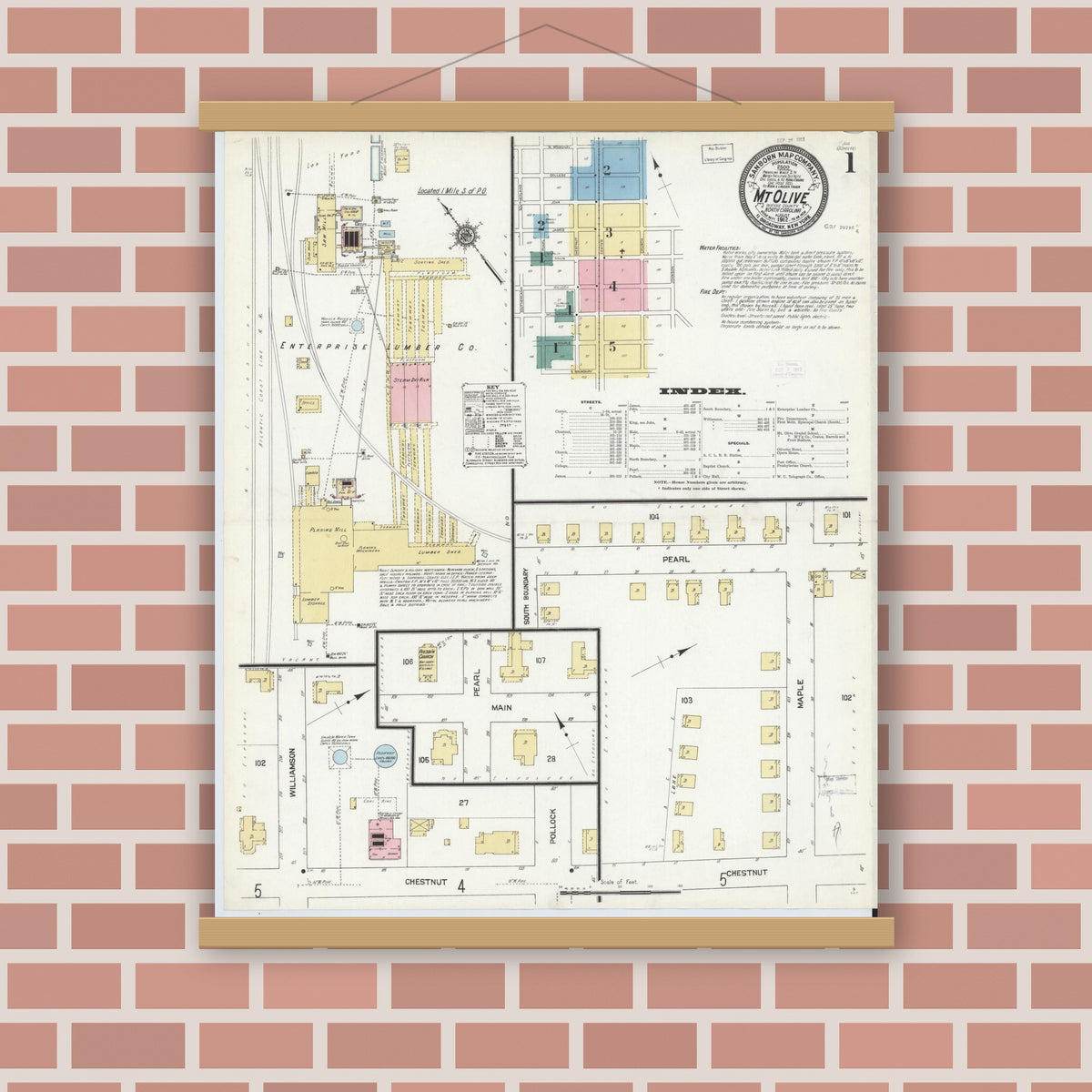 Old map wall art mockup — magnetic wood frame on brick wall — Sanborn Fire Insurance Map from Mount Olive, Wayne County, North Carolina (1912), Sheet #0001