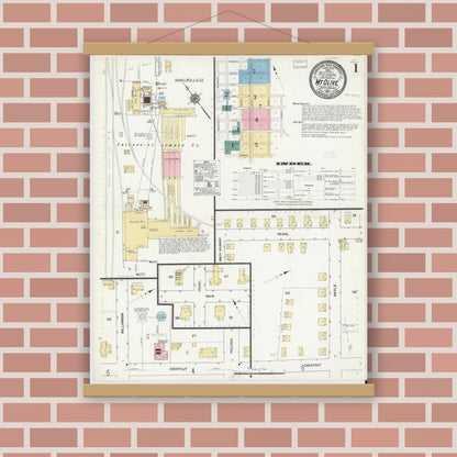 Old map wall art mockup — magnetic wood frame on brick wall — Sanborn Fire Insurance Map from Mount Olive, Wayne County, North Carolina (1912), Sheet #0001