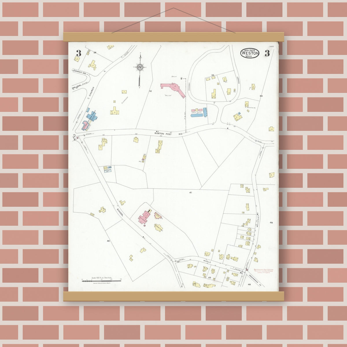 Old map wall art mockup — magnetic wood frame on brick wall — Sanborn Fire Insurance Map from Weston, Middlesex County, Massachusetts (1929), Sheet #0003