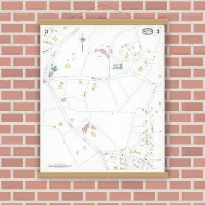 Old map wall art mockup — magnetic wood frame on brick wall — Sanborn Fire Insurance Map from Weston, Middlesex County, Massachusetts (1929), Sheet #0003