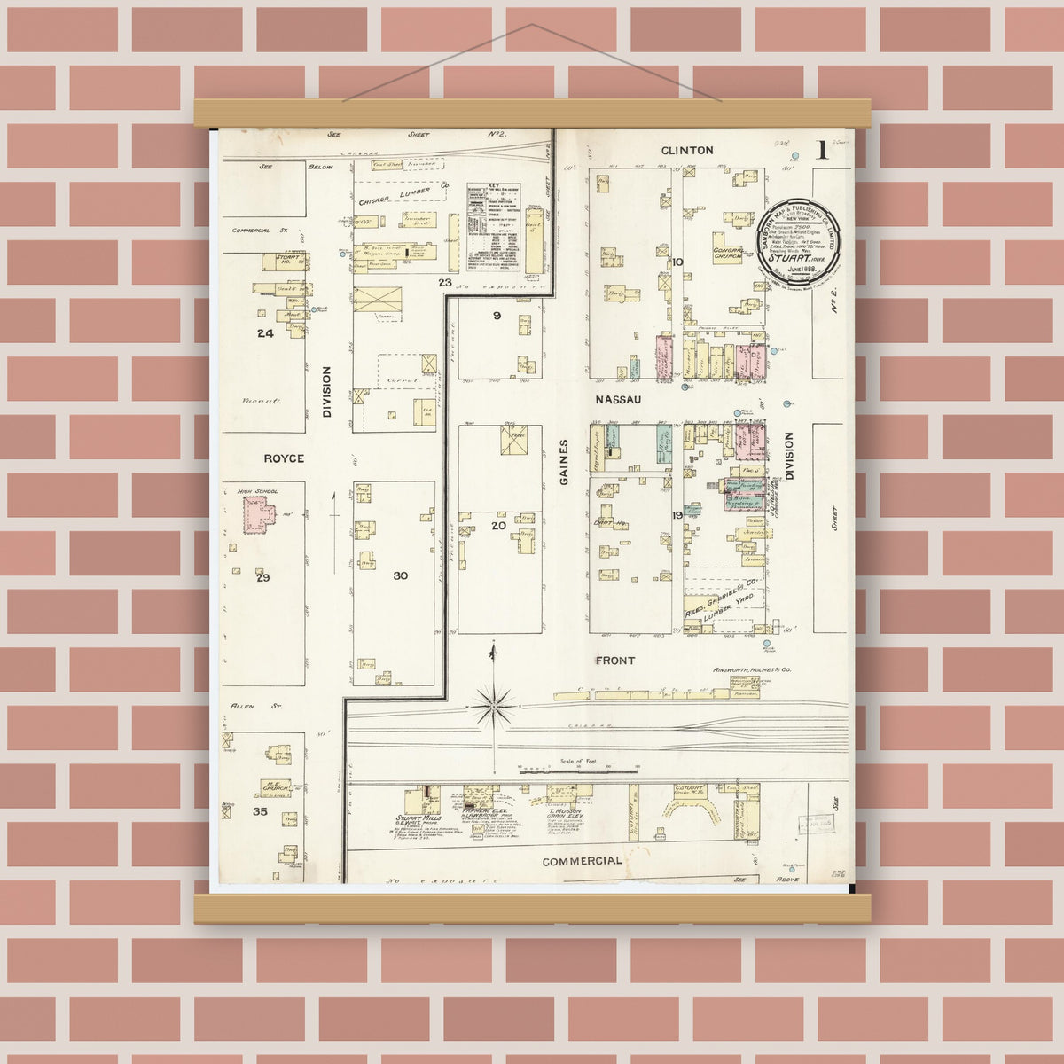 Old map wall art mockup — magnetic wood frame on brick wall — Sanborn Fire Insurance Map from Stuart, Guthrie and Adair Counties, Iowa (1888) â€” Complete Set