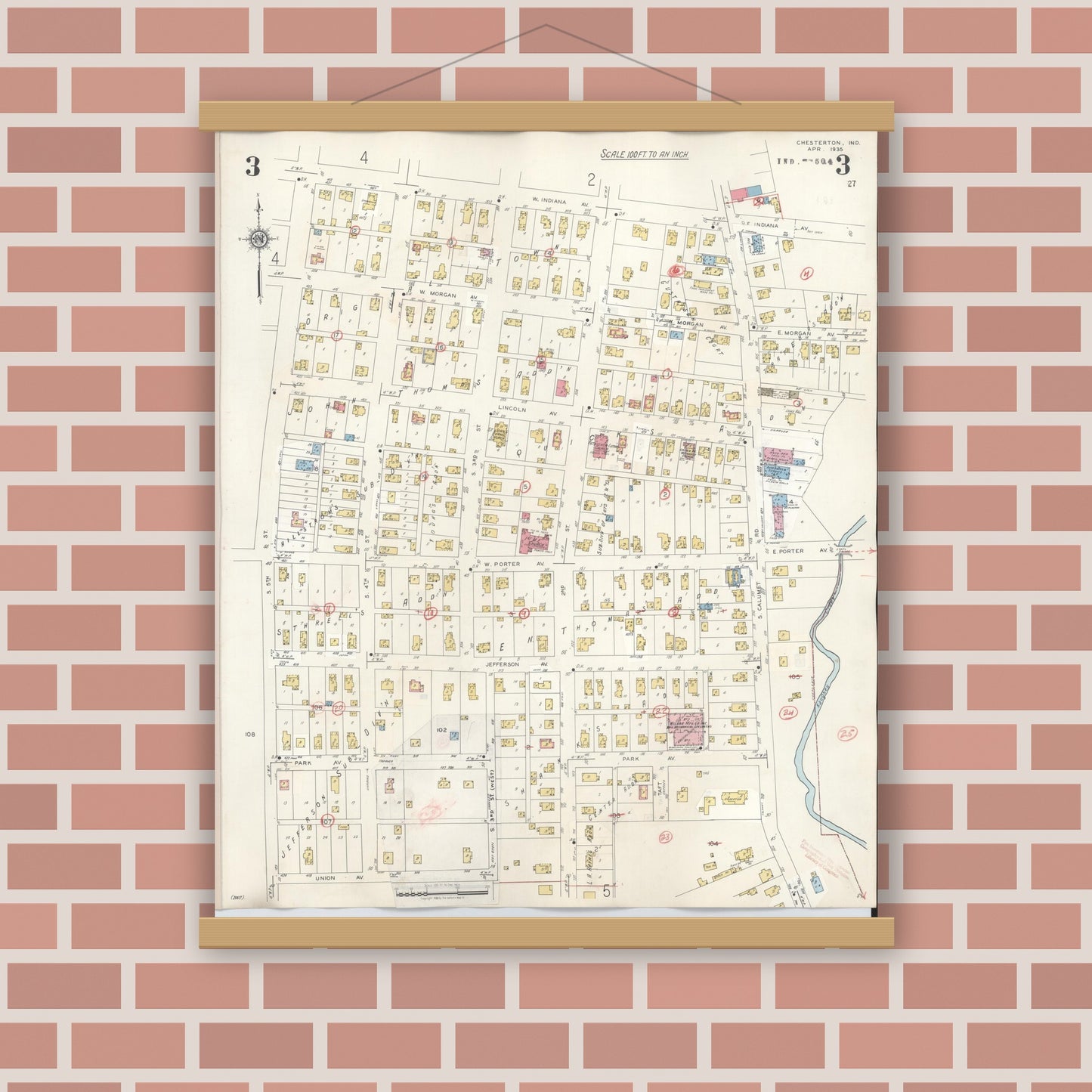 Old map wall art mockup — magnetic wood frame on brick wall — Sanborn Fire Insurance Map from Chesterton, Porter County, Indiana (1951), Sheet #0003