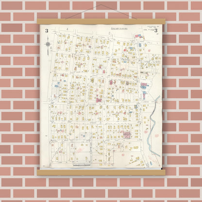 Old map wall art mockup — magnetic wood frame on brick wall — Sanborn Fire Insurance Map from Chesterton, Porter County, Indiana (1951), Sheet #0003