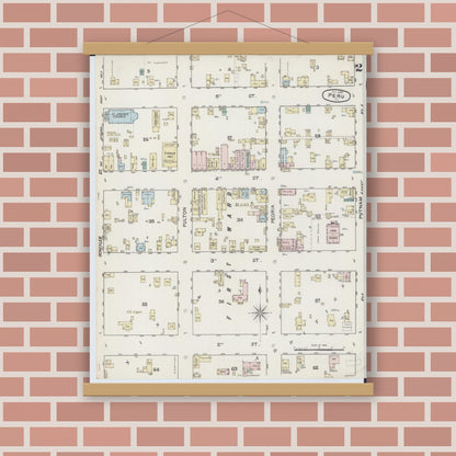 Old map wall art mockup — magnetic wood frame on brick wall — Sanborn Fire Insurance Map from Peru, La Salle County, Illinois (1888), Sheet #0002